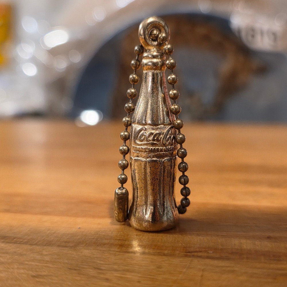 Vintage Coca-Cola Miniature Metal Bottle Keychain Gold Tone Ball Chain Bag Charm